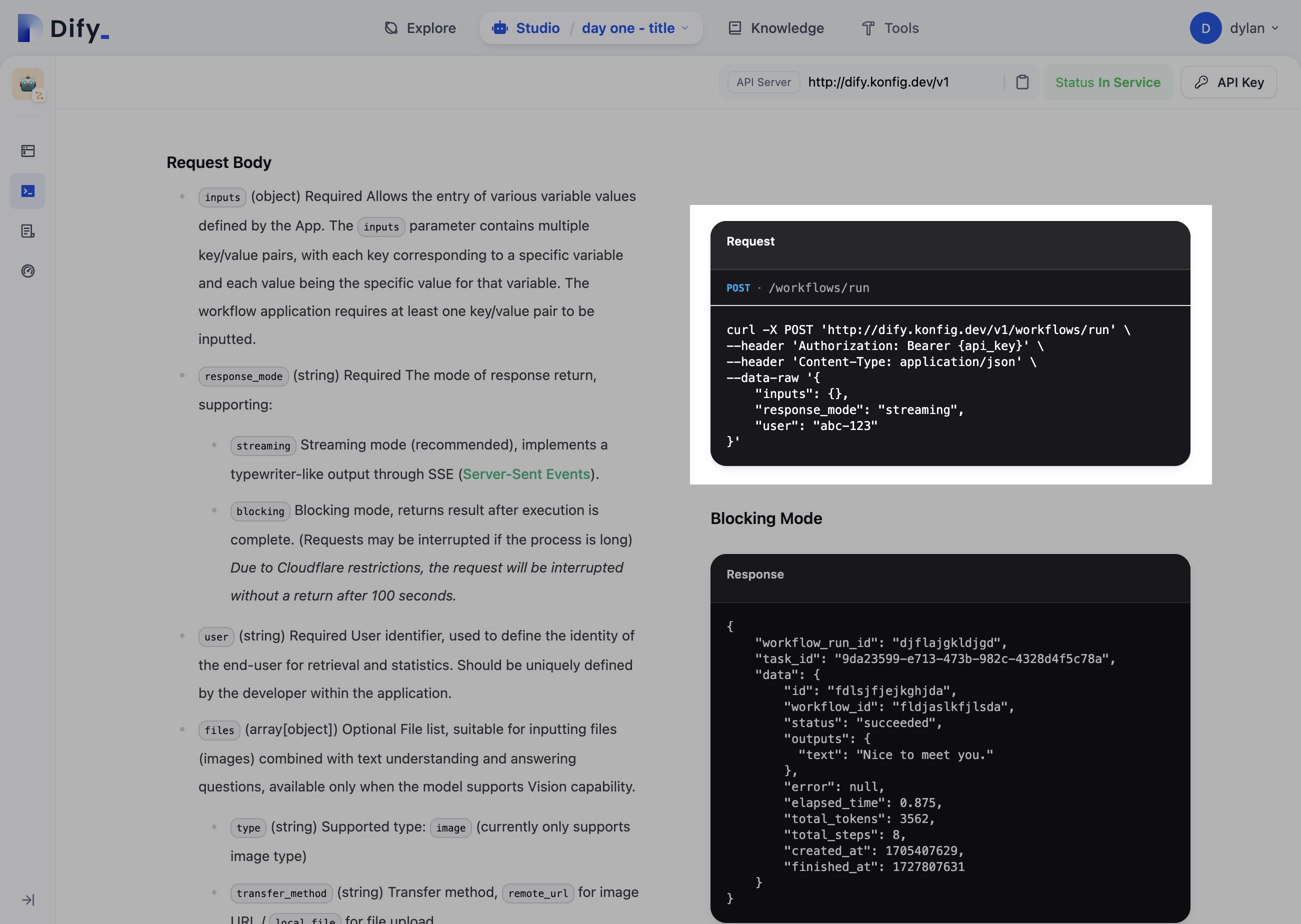 Currently, Dify provides some static code examples that don't update based on your workflow's inputs and outputs. Having dynamically generated API documentation would make it much easier to integrate workflows into applications.