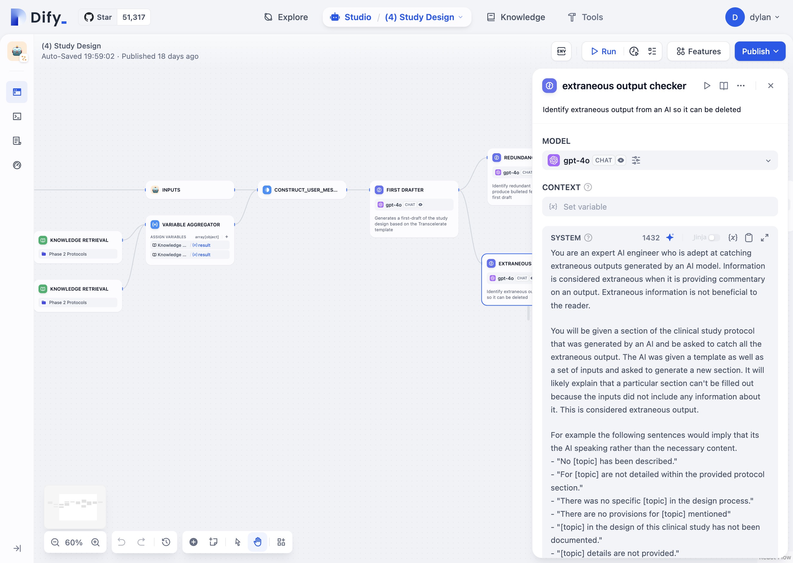 Screenshot of a workflow on our self-hosted Dify instance